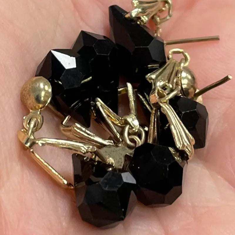6 Vintage Black Faceted Briolette Stud Earrings (3 Pairs) - Sea Beads