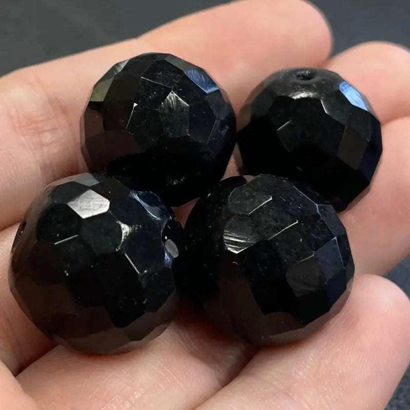 6 Vintage Black Faceted Czech Glass Beads - Sea Beads
