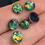 6 Vintage Black Green Japan Foil Round Glass Cabochons - Sea Beads