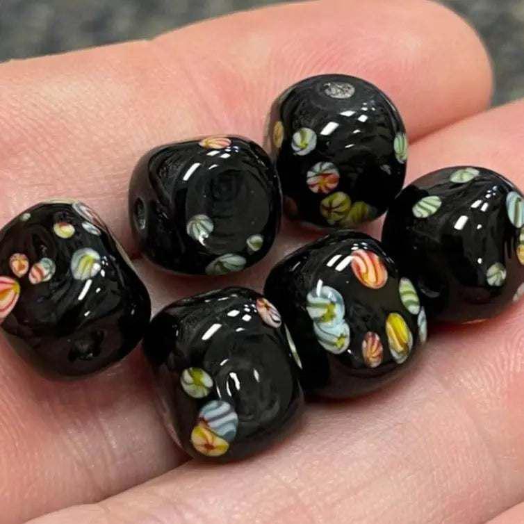 6 Vintage Black Japan Black Floral Millefiori Cube Glass Beads - Sea Beads