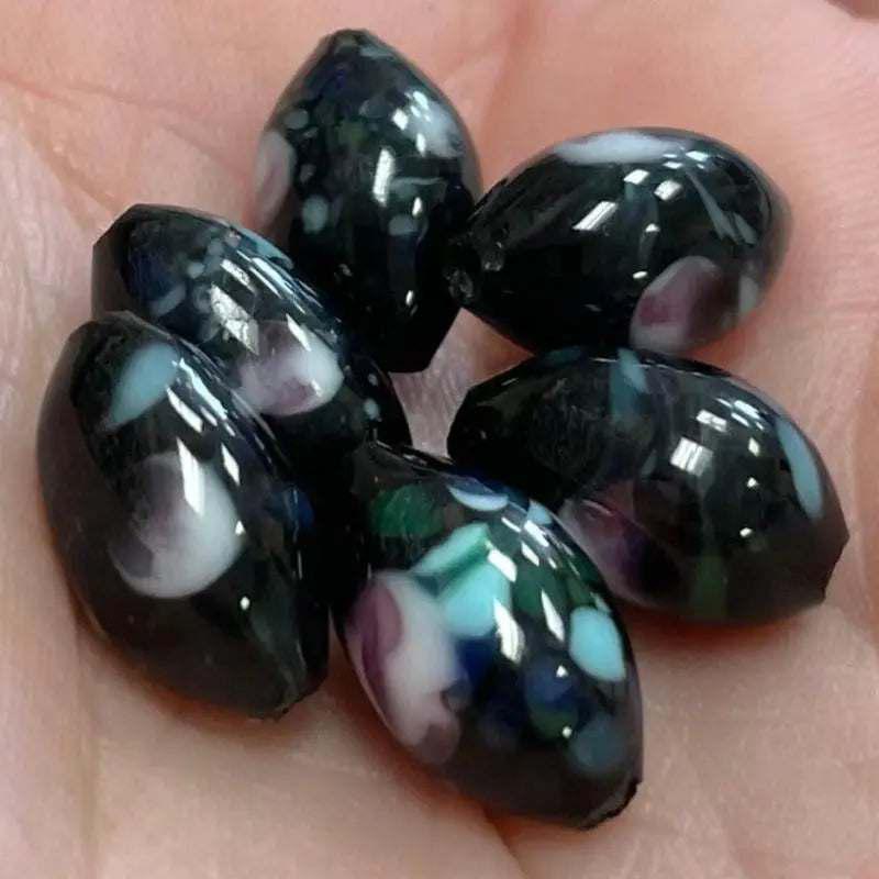 6 Vintage Black Japan Millefiori Oval Glass Beads - Sea Beads