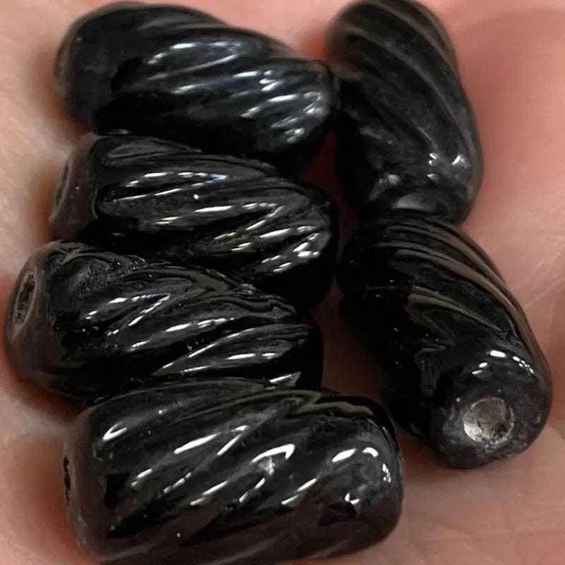 6 Vintage Black Spiral Tube Glass Beads - Sea Beads