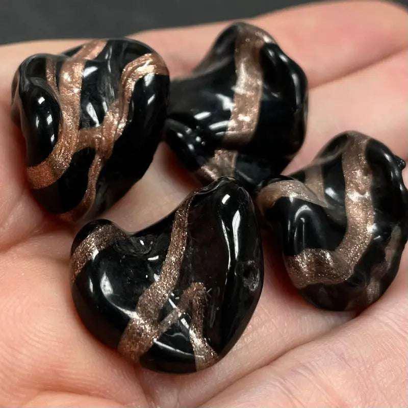 6 Vintage Black Striped Baroque Glass Beads - Sea Beads