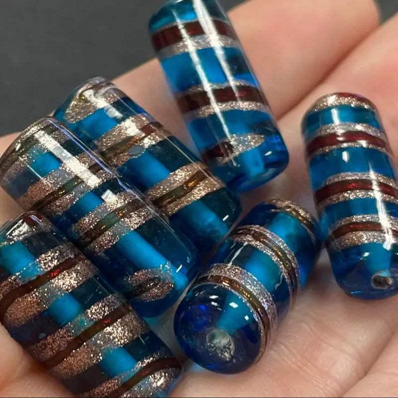 6 Vintage Blue Capri Aventurine Striped Glass Beads - Sea Beads