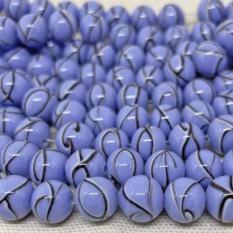 6 Vintage Blue Cornflower Japan Striped Round Glass Beads - Sea Beads