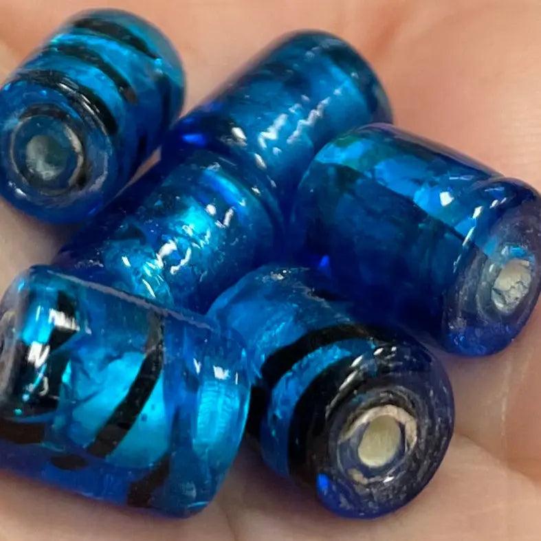 6 Vintage Blue Electric Capri Blue Foil Tube Glass Beads - Sea Beads