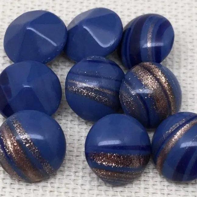 6 Vintage Blue German Aventurine Striped Glass Stones - Sea Beads