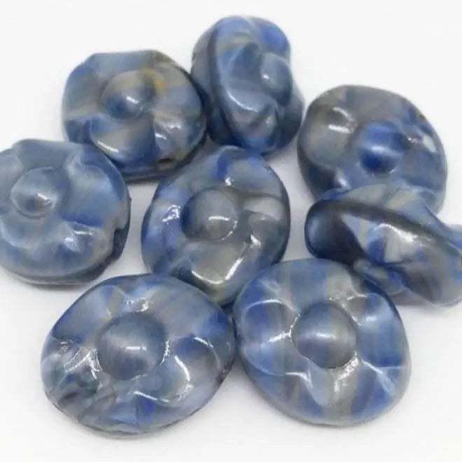6 Vintage Blue Grey Givre German Oval Glass Beads - Sea Beads