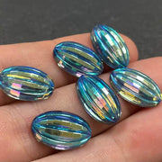 6 Vintage Blue Iris Ribbed Oval Glass Cabochons - Sea Beads