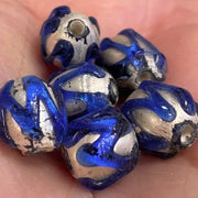 6 Vintage Blue Silver Foil Oval Glass Beads - Sea Beads