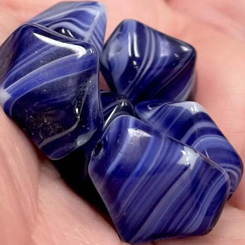 6 Vintage Blue Striped Baroque Glass Beads - Sea Beads
