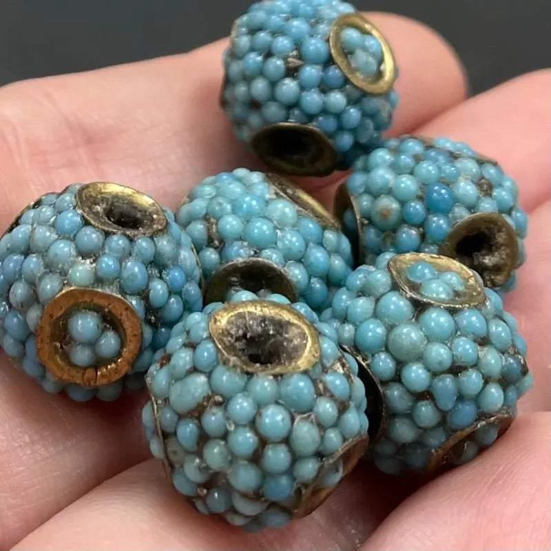 6 Vintage Blue Turquoise Berry Inlay Metal Beads - Sea Beads