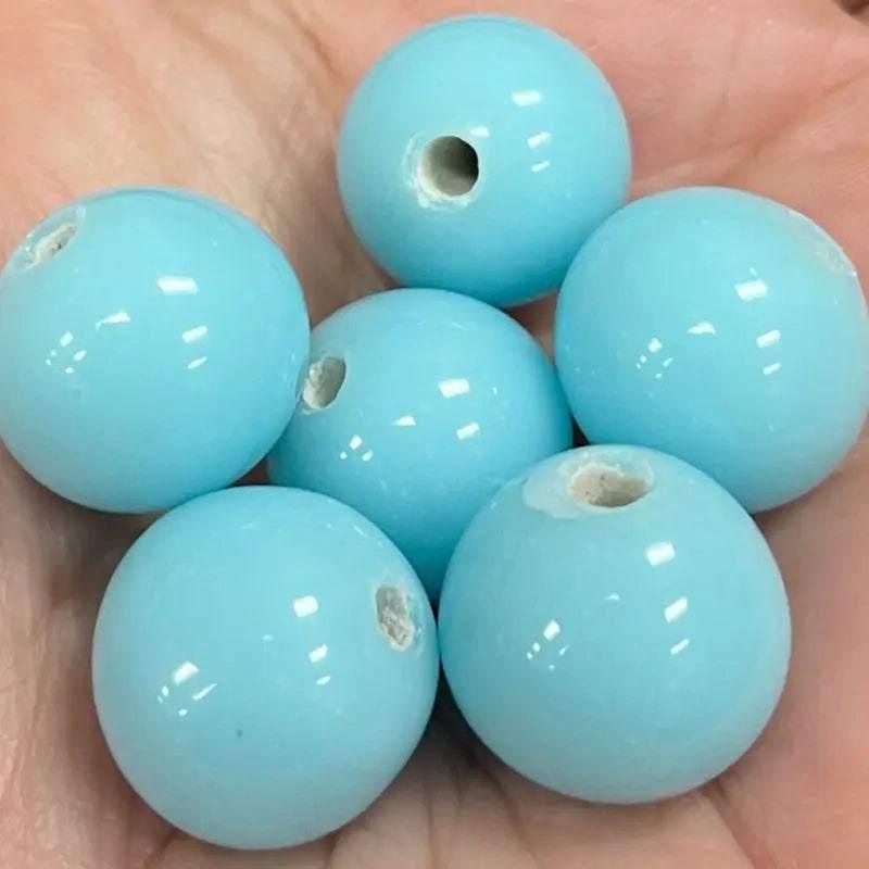 6 Vintage Blue Turquoise Japan Round Glass Beads - Sea Beads
