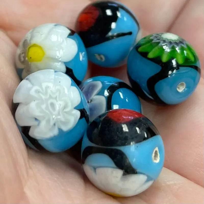 6 Vintage Blue Turquoise Millefiori Round Glass Beads - Sea Beads