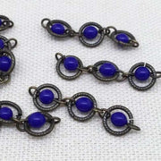 6 Vintage Brass Blue Glass Bead Chain Links - Sea Beads