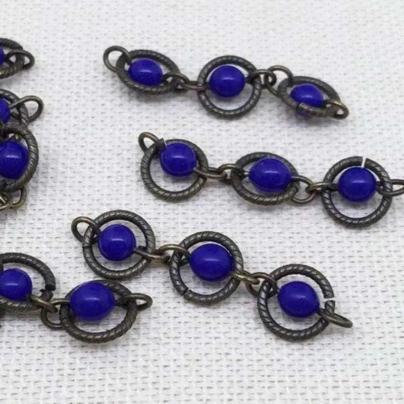 6 Vintage Brass Blue Glass Bead Chain Links - Sea Beads
