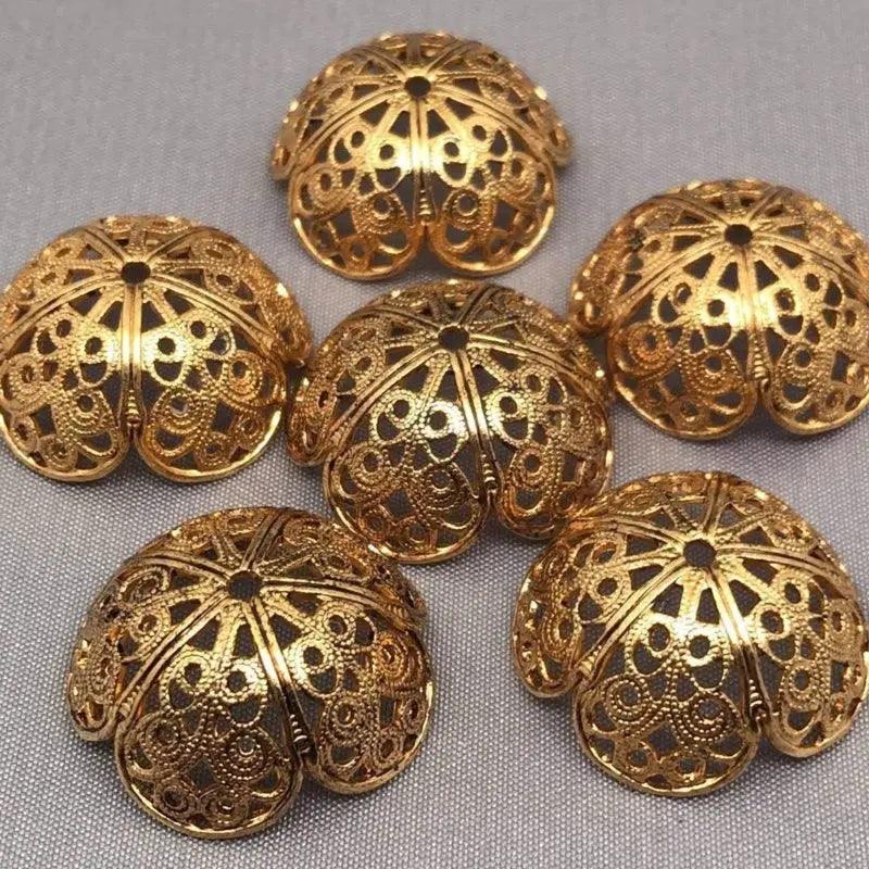 6 Vintage Brass Fancy Metal Bead Caps - Sea Beads
