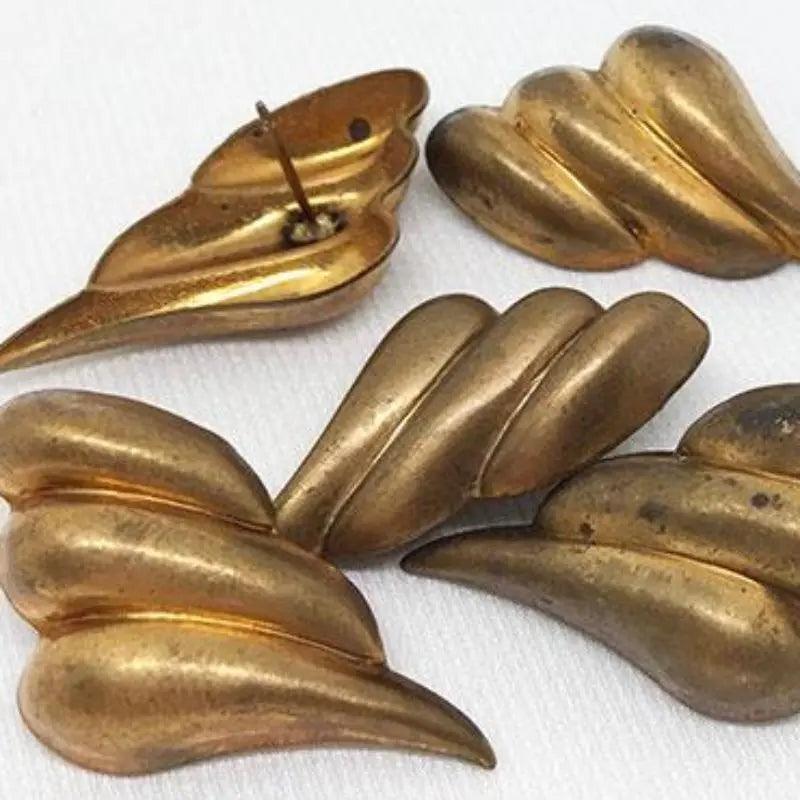 6 Vintage Brass Stud Earring Feather Metal Findings - Sea Beads