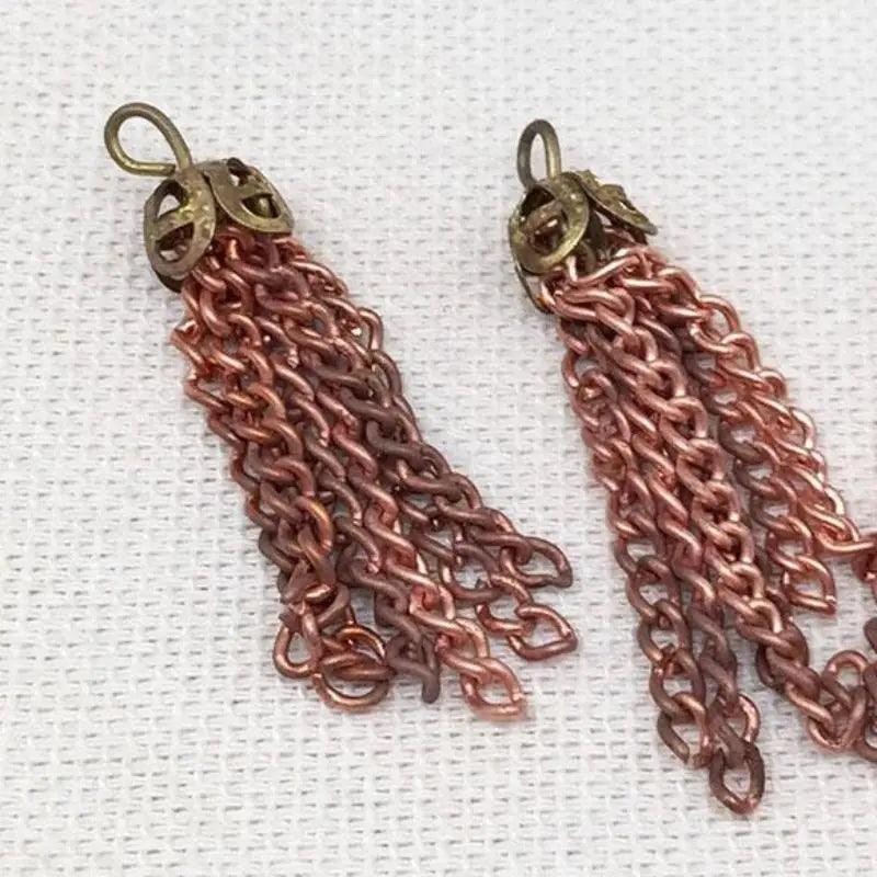 6 Vintage Copper Plated Filigree Top Chain Tassels - Sea Beads