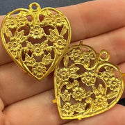 6 Vintage Gold Floral Heart Pendants - Sea Beads