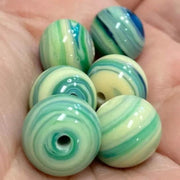 6 Vintage Green Aqua Blue Striped Japan Glass Beads - Sea Beads