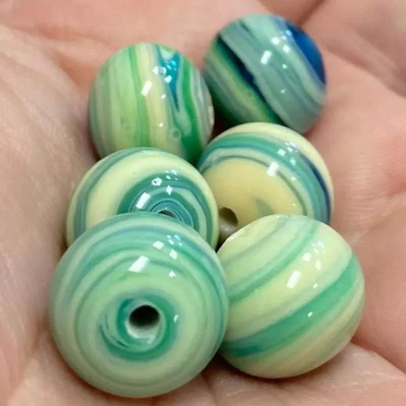 6 Vintage Green Aqua Blue Striped Japan Glass Beads - Sea Beads