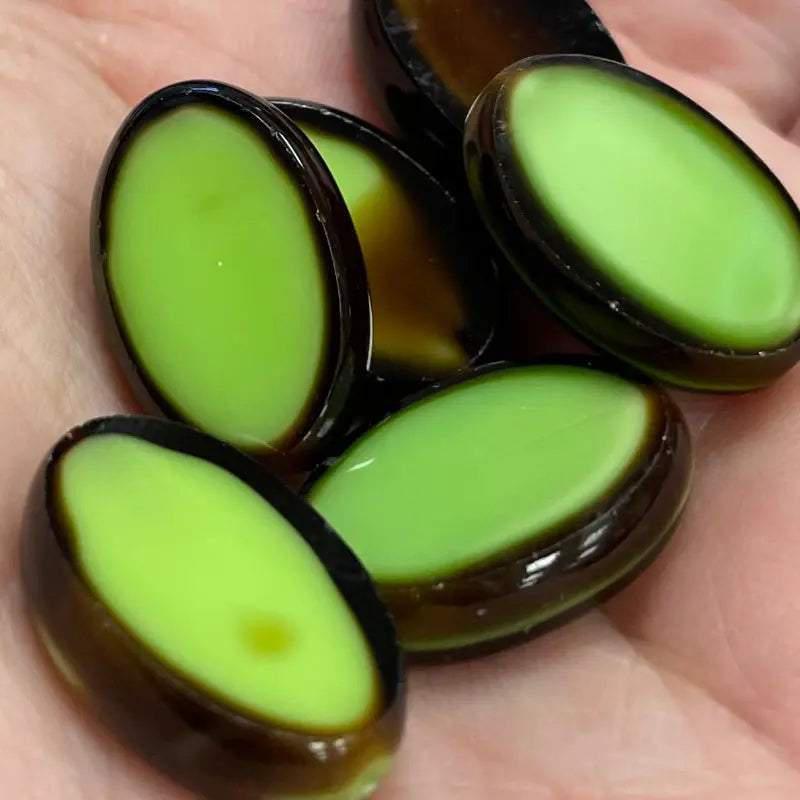 6 Vintage Green Brown Oval Window Glass Beads - Sea Beads