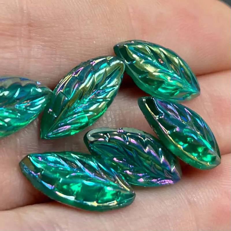 6 Vintage Green Emerald AB Feather Navette Glass Stones - Sea Beads