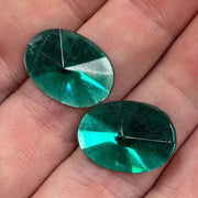 6 Vintage Green Emerald Faceted Oval Glass Stones - Sea Beads