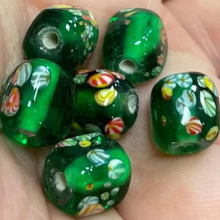 6 Vintage Green Emerald Japan Millefiori Glass Beads - Sea Beads