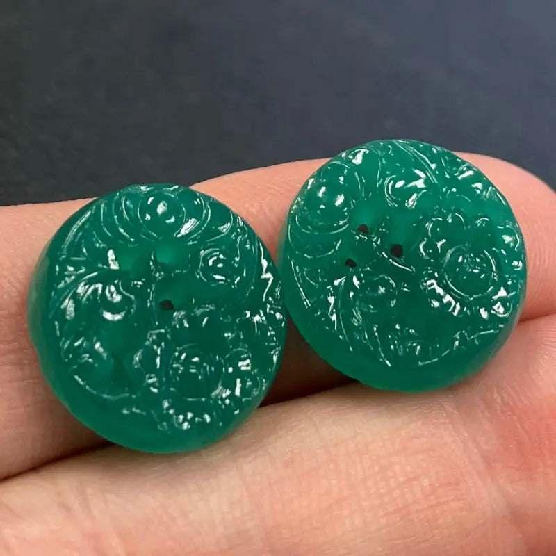 6 Vintage Green Jadeite Japan Floral Glass Cabochons - Sea Beads