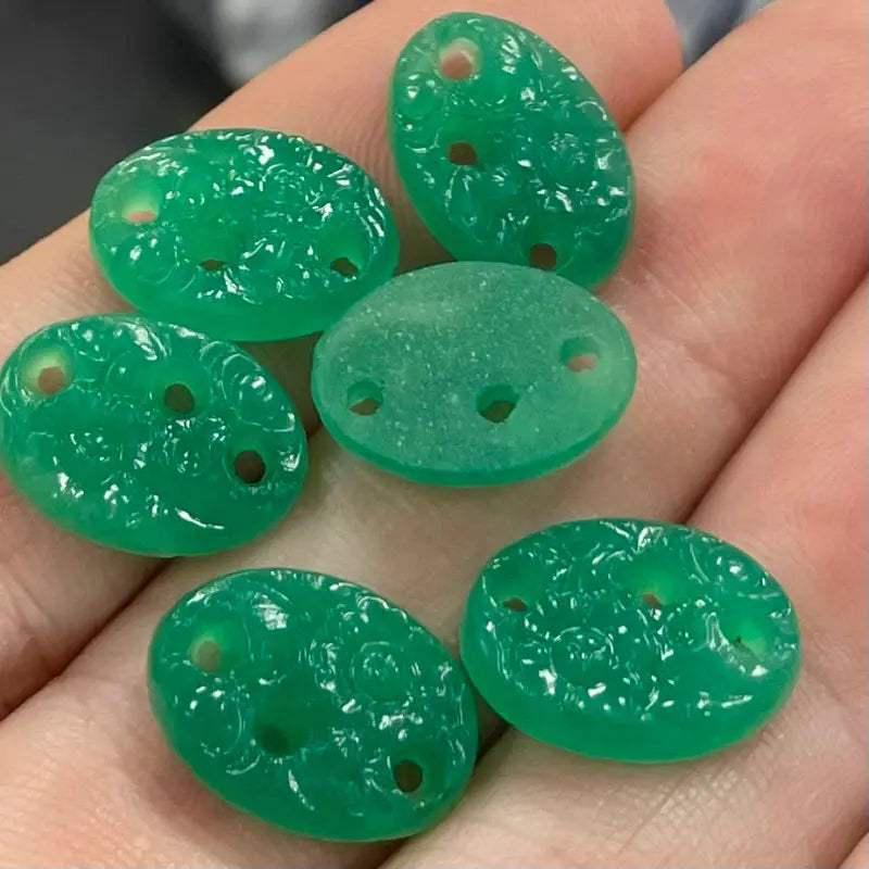 6 Vintage Green Jadeite Japan Oval Floral Glass Cabochons - Sea Beads