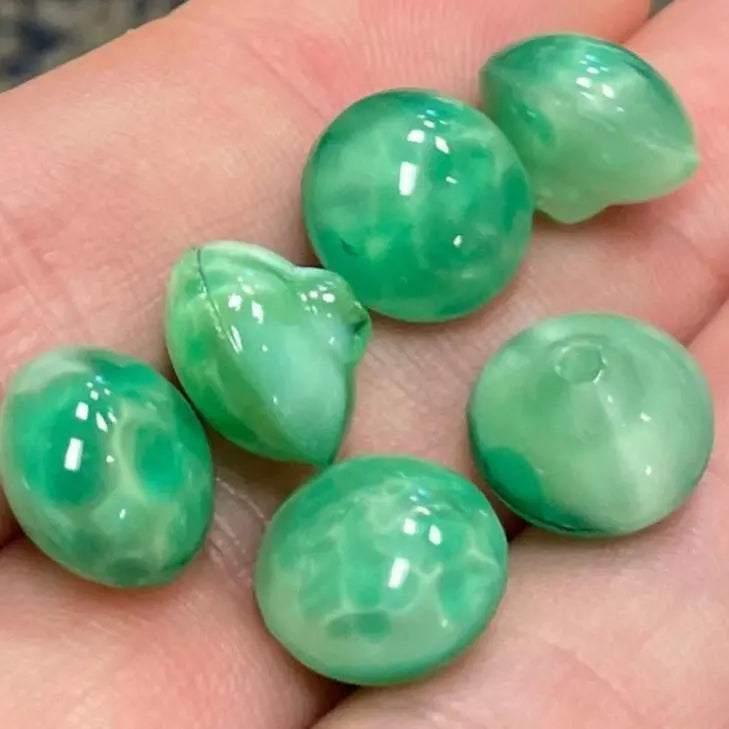 6 Vintage Green Japan Button Glass Fronts - Sea Beads