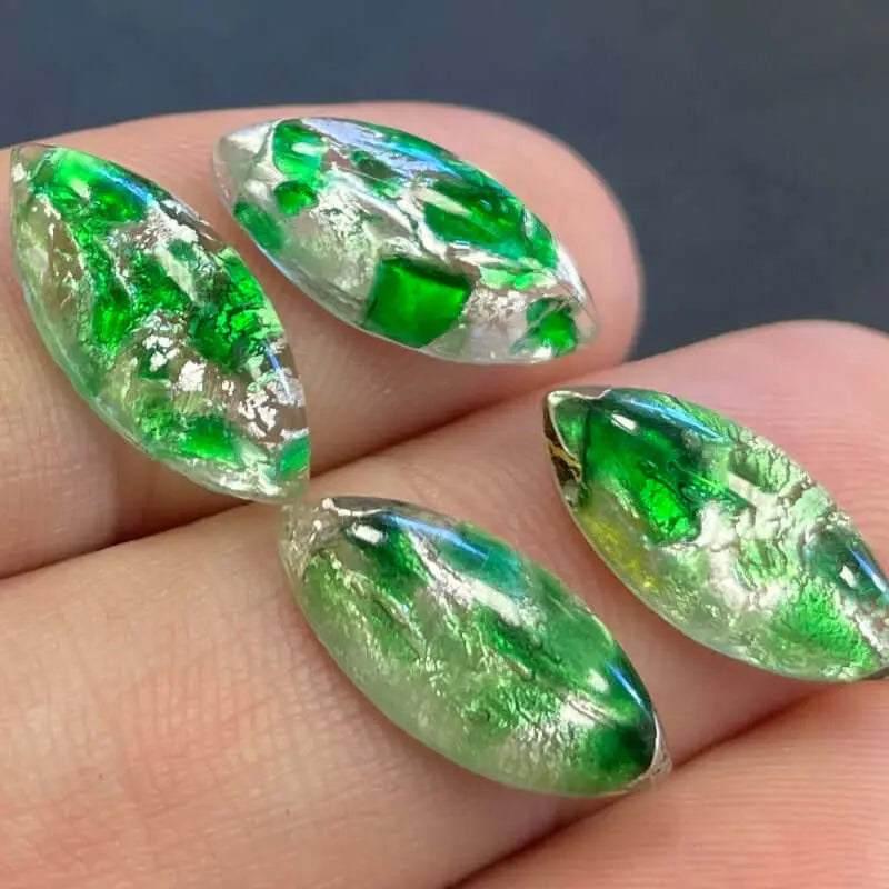 6 Vintage Green Japan Foil Navette Glass Cabochons - Sea Beads