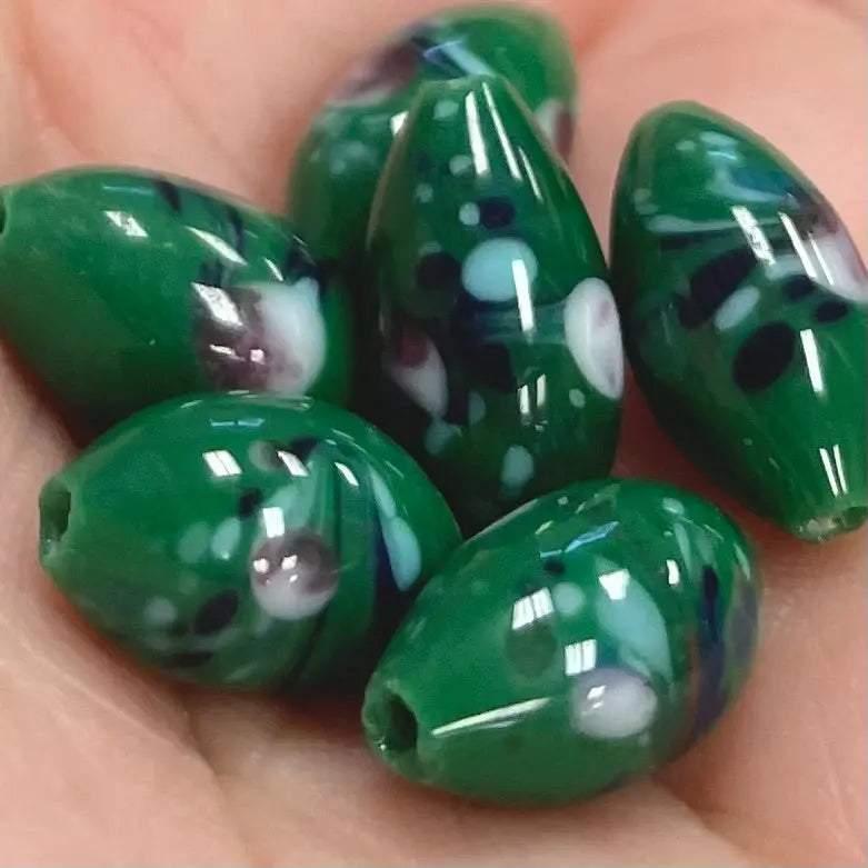 6 Vintage Green Japan Millefiori Oval Glass Beads - Sea Beads