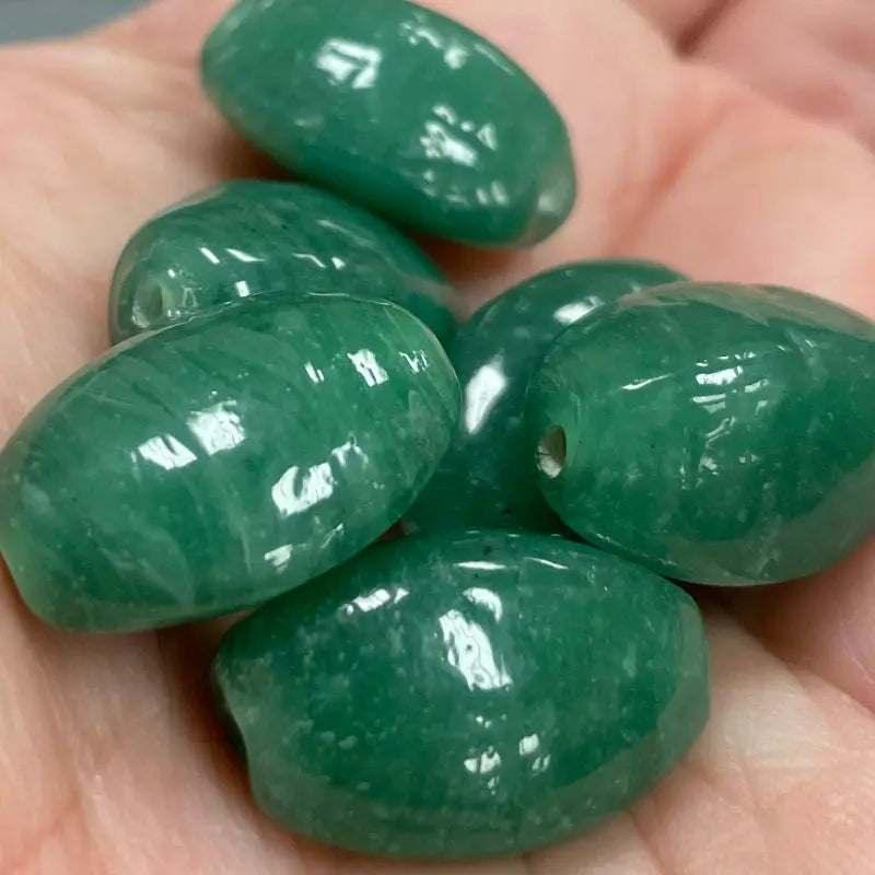 6 Vintage Green Japan Oval Glass Beads - Sea Beads