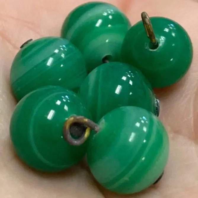 6 Vintage Green Japan Round Glass Charms - Sea Beads
