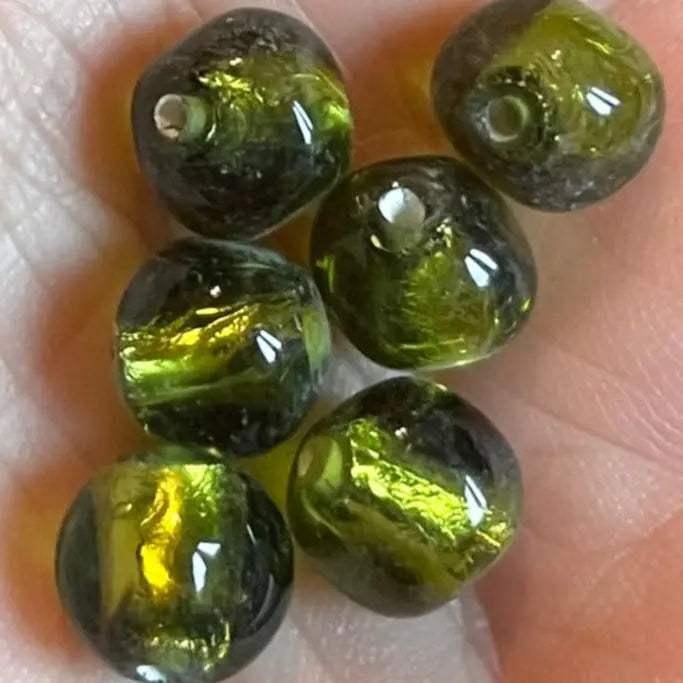 6 Vintage Green Olive Foil Japan Round Glass Beads - Sea Beads