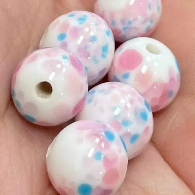 6 Vintage White Pink Japan Cherry Brand Round Glass Beads - Sea Beads