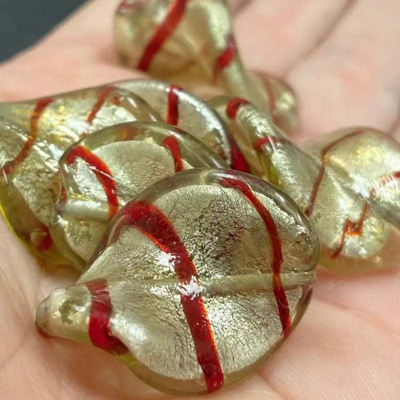 6 Vintage Metallic Large Wavy Glass Beads - Sea Beads