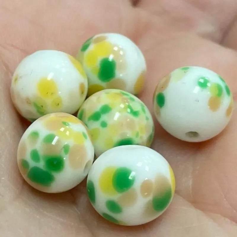 6 Vintage Mixed Japan White Beige Green Glass Beads - Sea Beads