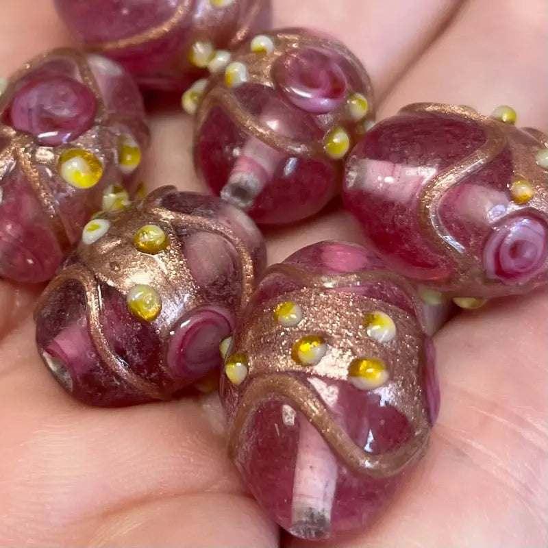 6 Vintage Pink Wedding Cake Oval Glass Beads - Sea Beads