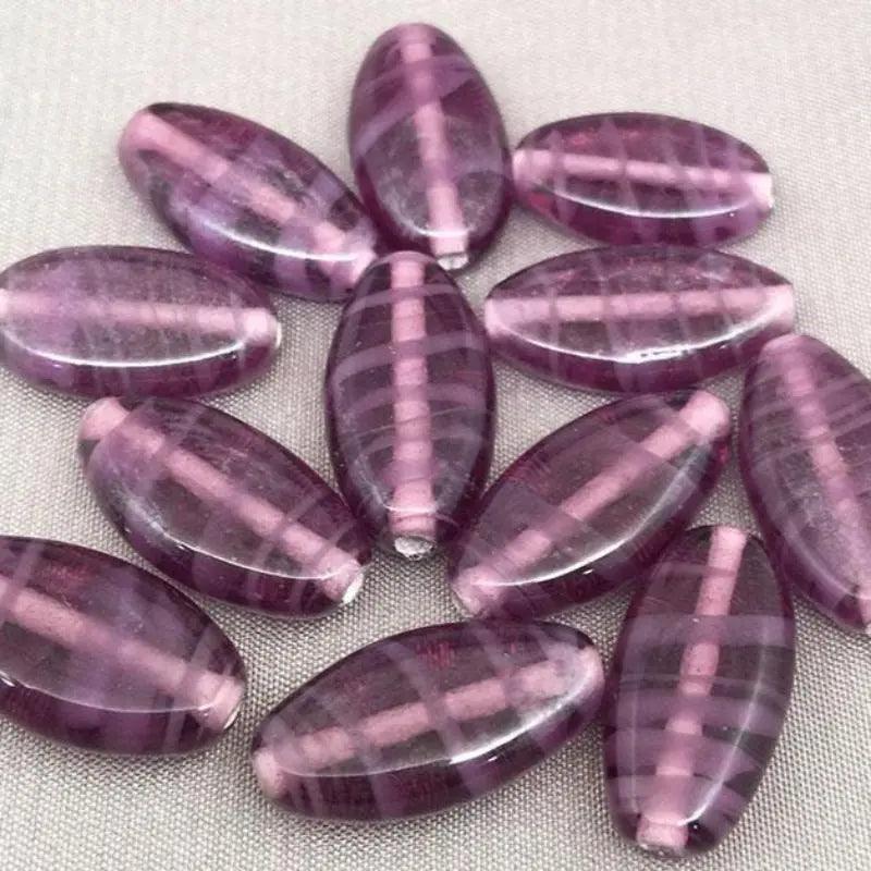 6 Vintage Purple Striped Japan Oval Glass Beads - Sea Beads