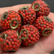 6 Vintage Red Berry Inlay Metal Beads - Sea Beads