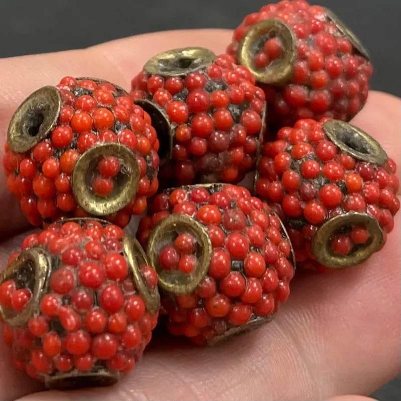 6 Vintage Red Berry Inlay Metal Beads - Sea Beads