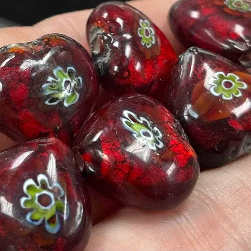 6 Vintage Red Foil Heart Millefiori Glass Beads - Sea Beads