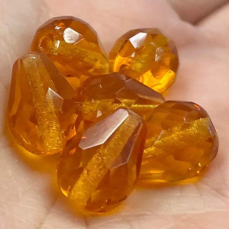 6 Vintage Topaz Czech Teardrop Faceted Glass Beads - Sea Beads