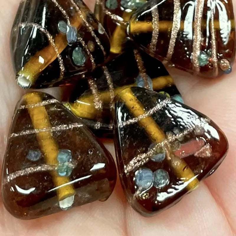 6 Vintage Topaz Striped Triangle Glass Beads - Sea Beads