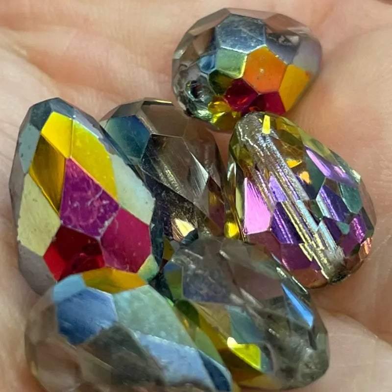 6 Vintage Vitrail Czech Teardrop Faceted Glass Beads - Sea Beads