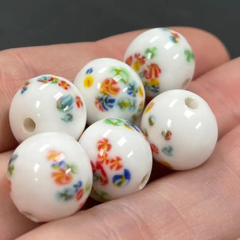 6 Vintage White Japan Millefiori Round Glass Beads - Sea Beads